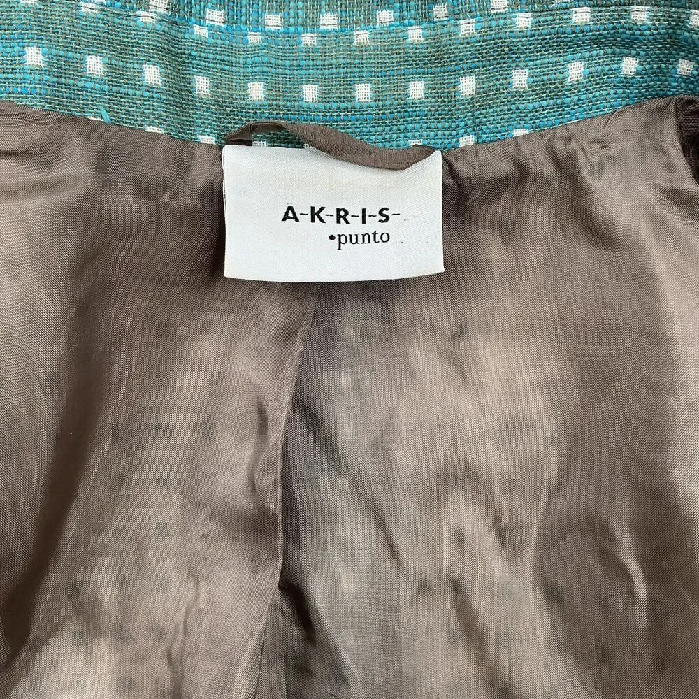 AKRIS Punto Womens Linen Cotton Blazer Size 12 Turquoise White Check Print